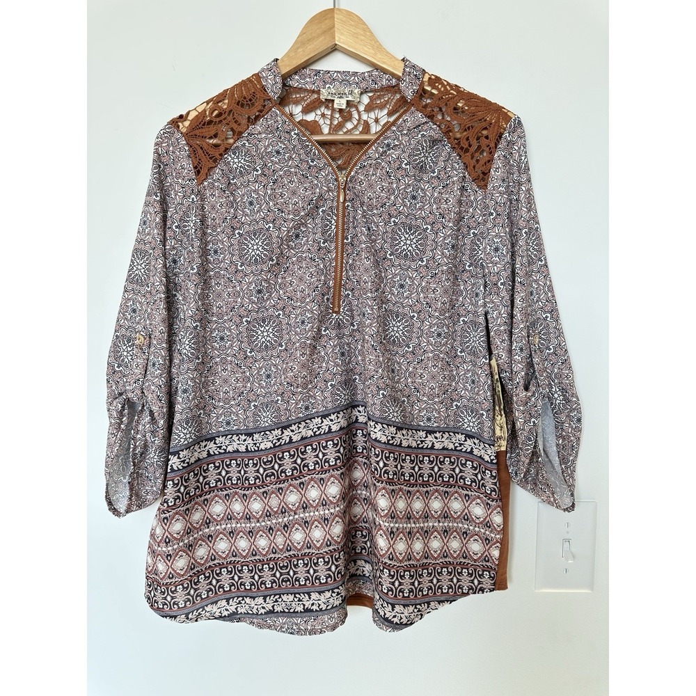 One World Womens Large Patterned Lace Crochet Brown Mauve 3/4 Sleeve Top
